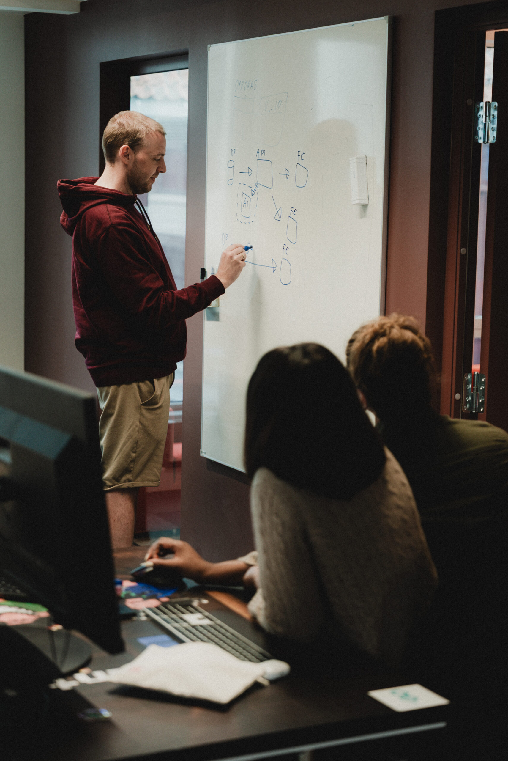Webstep-konsulent forklarer en teknisk løsning på whiteboard for kolleger.